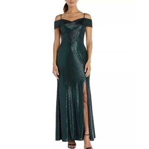 Nightway Emerald Cold Shoulder Foil Gown Dress